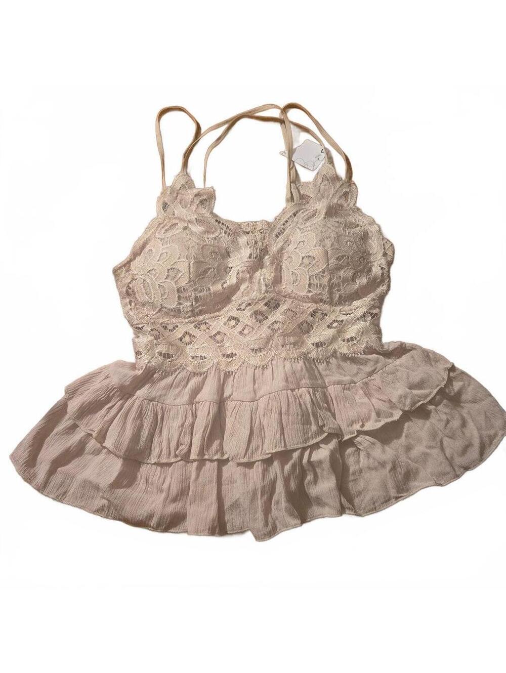 Anemone Tan Lace Peplum Cami Top Boho Festival Tiered Ruffle Padded L